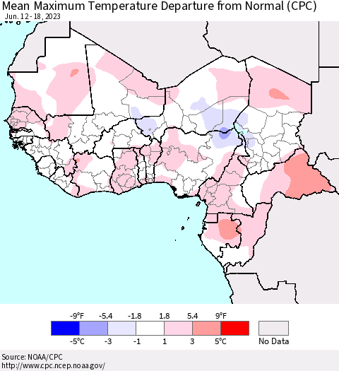 Western Africa Mean Maximum Temperature Departure from Normal (CPC) Thematic Map For 6/12/2023 - 6/18/2023