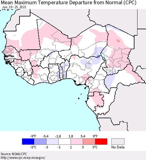 Western Africa Mean Maximum Temperature Departure from Normal (CPC) Thematic Map For 6/19/2023 - 6/25/2023