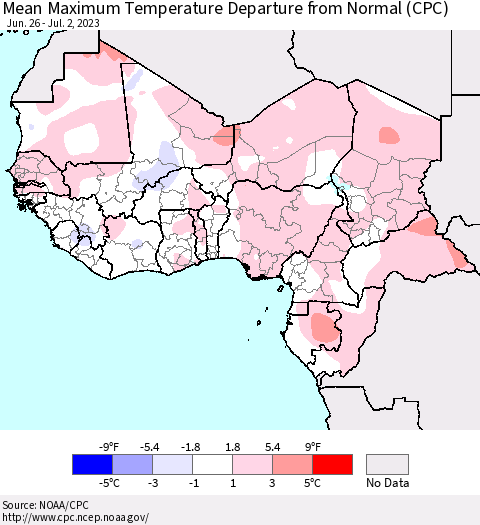 Western Africa Mean Maximum Temperature Departure from Normal (CPC) Thematic Map For 6/26/2023 - 7/2/2023