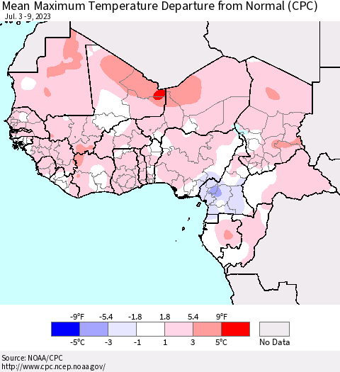Western Africa Mean Maximum Temperature Departure from Normal (CPC) Thematic Map For 7/3/2023 - 7/9/2023