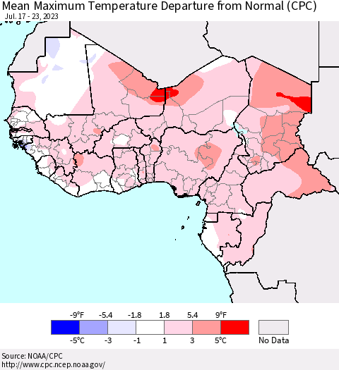 Western Africa Mean Maximum Temperature Departure from Normal (CPC) Thematic Map For 7/17/2023 - 7/23/2023