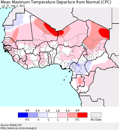 Western Africa Mean Maximum Temperature Departure from Normal (CPC) Thematic Map For 7/31/2023 - 8/6/2023