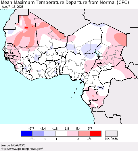 Western Africa Mean Maximum Temperature Departure from Normal (CPC) Thematic Map For 8/7/2023 - 8/13/2023