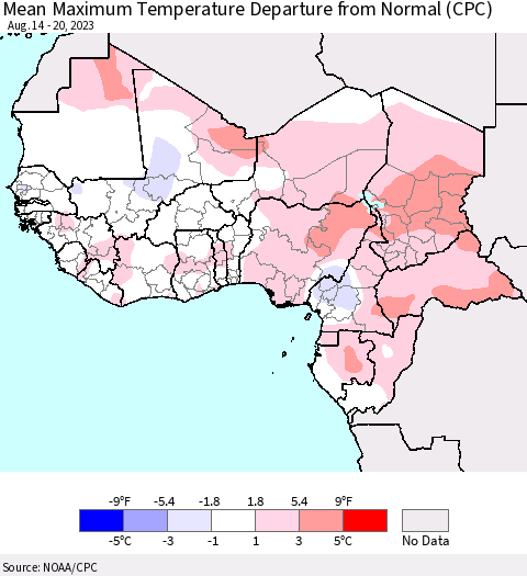 Western Africa Mean Maximum Temperature Departure from Normal (CPC) Thematic Map For 8/14/2023 - 8/20/2023