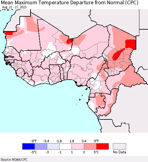 Western Africa Mean Maximum Temperature Departure from Normal (CPC) Thematic Map For 8/21/2023 - 8/27/2023