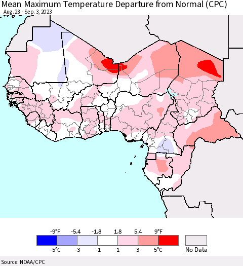 Western Africa Mean Maximum Temperature Departure from Normal (CPC) Thematic Map For 8/28/2023 - 9/3/2023