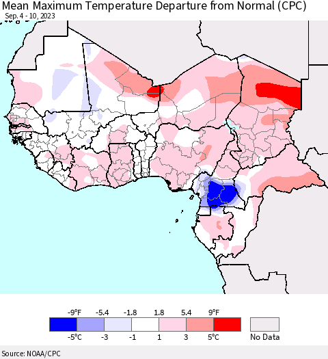 Western Africa Mean Maximum Temperature Departure from Normal (CPC) Thematic Map For 9/4/2023 - 9/10/2023