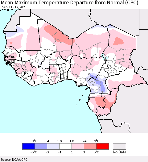 Western Africa Mean Maximum Temperature Departure from Normal (CPC) Thematic Map For 9/11/2023 - 9/17/2023