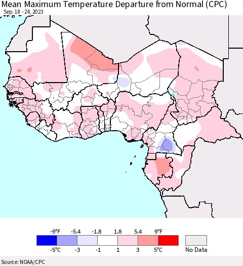 Western Africa Mean Maximum Temperature Departure from Normal (CPC) Thematic Map For 9/18/2023 - 9/24/2023