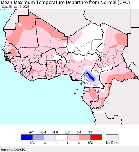 Western Africa Mean Maximum Temperature Departure from Normal (CPC) Thematic Map For 9/25/2023 - 10/1/2023