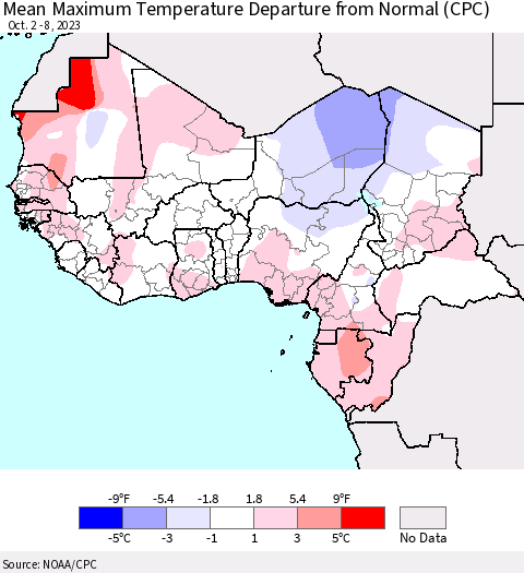 Western Africa Mean Maximum Temperature Departure from Normal (CPC) Thematic Map For 10/2/2023 - 10/8/2023