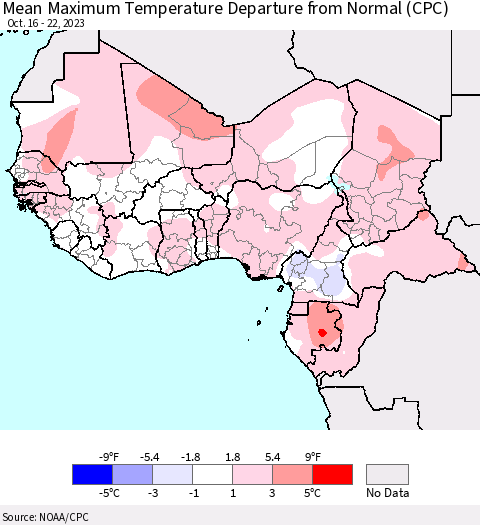Western Africa Mean Maximum Temperature Departure from Normal (CPC) Thematic Map For 10/16/2023 - 10/22/2023
