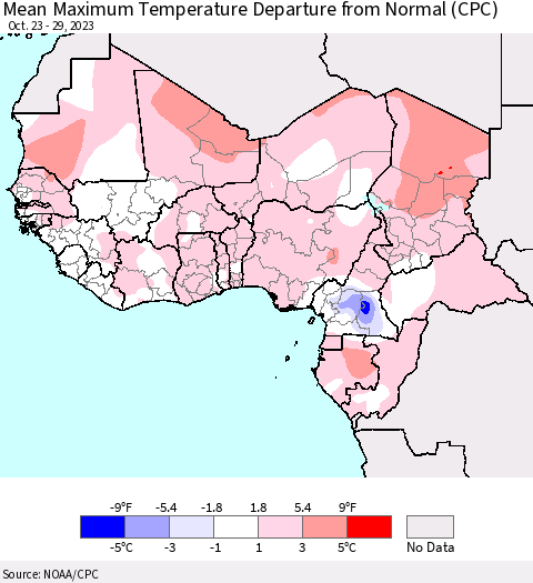 Western Africa Mean Maximum Temperature Departure from Normal (CPC) Thematic Map For 10/23/2023 - 10/29/2023
