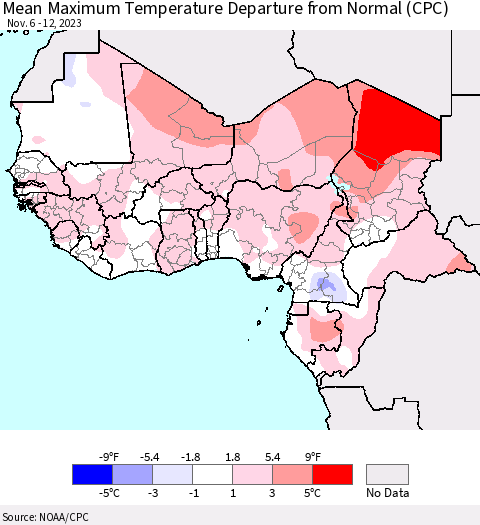 Western Africa Mean Maximum Temperature Departure from Normal (CPC) Thematic Map For 11/6/2023 - 11/12/2023