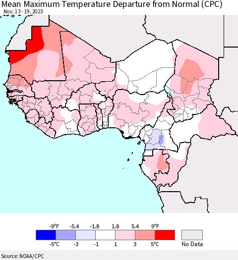 Western Africa Mean Maximum Temperature Departure from Normal (CPC) Thematic Map For 11/13/2023 - 11/19/2023