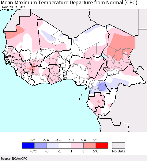 Western Africa Mean Maximum Temperature Departure from Normal (CPC) Thematic Map For 11/20/2023 - 11/26/2023