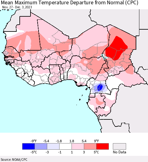 Western Africa Mean Maximum Temperature Departure from Normal (CPC) Thematic Map For 11/27/2023 - 12/3/2023
