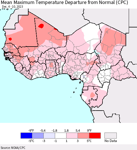 Western Africa Mean Maximum Temperature Departure from Normal (CPC) Thematic Map For 12/4/2023 - 12/10/2023