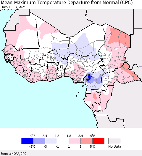 Western Africa Mean Maximum Temperature Departure from Normal (CPC) Thematic Map For 12/11/2023 - 12/17/2023
