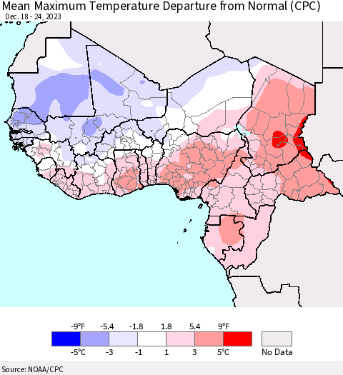 Western Africa Mean Maximum Temperature Departure from Normal (CPC) Thematic Map For 12/18/2023 - 12/24/2023