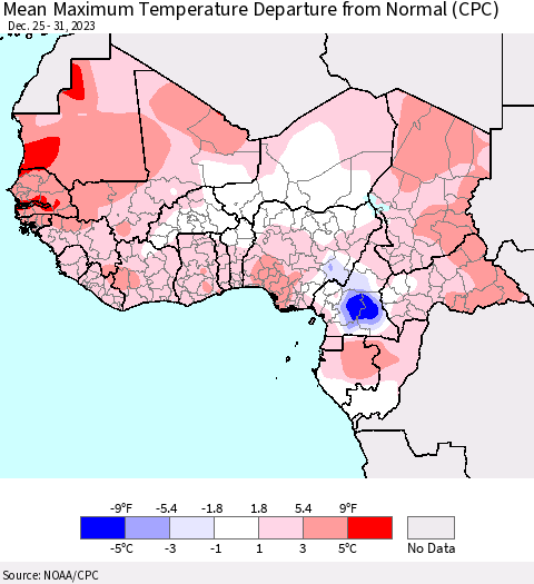 Western Africa Mean Maximum Temperature Departure from Normal (CPC) Thematic Map For 12/25/2023 - 12/31/2023