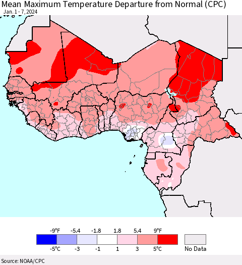 Western Africa Mean Maximum Temperature Departure from Normal (CPC) Thematic Map For 1/1/2024 - 1/7/2024