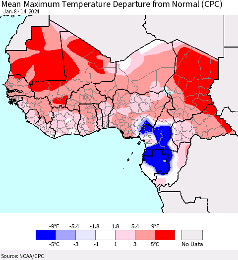 Western Africa Mean Maximum Temperature Departure from Normal (CPC) Thematic Map For 1/8/2024 - 1/14/2024