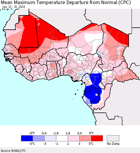 Western Africa Mean Maximum Temperature Departure from Normal (CPC) Thematic Map For 1/15/2024 - 1/21/2024