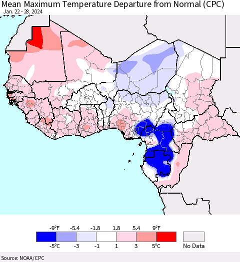 Western Africa Mean Maximum Temperature Departure from Normal (CPC) Thematic Map For 1/22/2024 - 1/28/2024