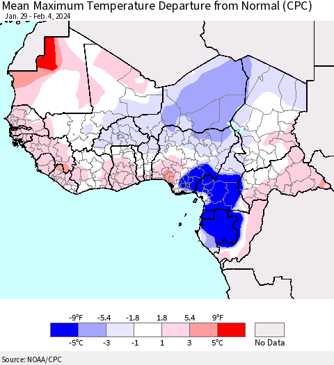 Western Africa Mean Maximum Temperature Departure from Normal (CPC) Thematic Map For 1/29/2024 - 2/4/2024