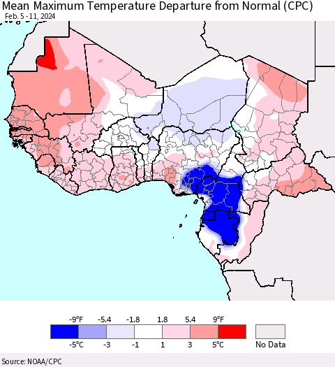 Western Africa Mean Maximum Temperature Departure from Normal (CPC) Thematic Map For 2/5/2024 - 2/11/2024