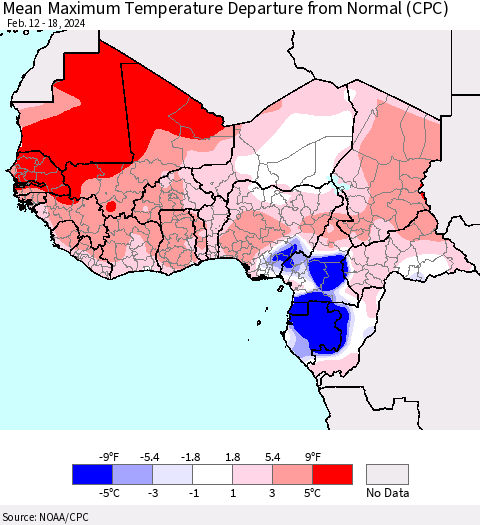 Western Africa Mean Maximum Temperature Departure from Normal (CPC) Thematic Map For 2/12/2024 - 2/18/2024