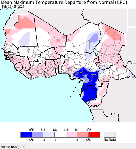 Western Africa Mean Maximum Temperature Departure from Normal (CPC) Thematic Map For 2/19/2024 - 2/25/2024