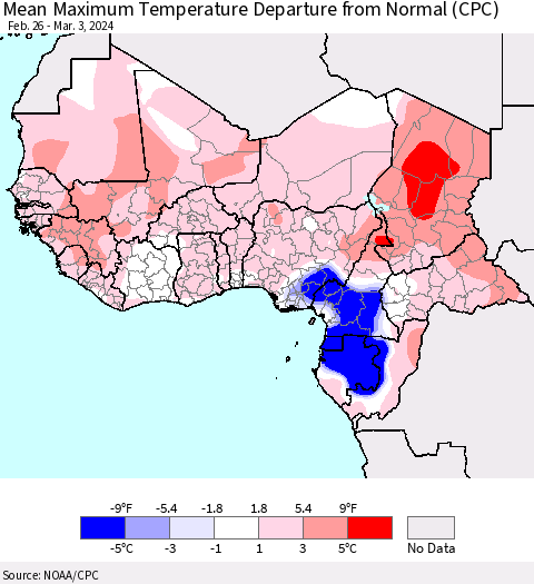 Western Africa Mean Maximum Temperature Departure from Normal (CPC) Thematic Map For 2/26/2024 - 3/3/2024