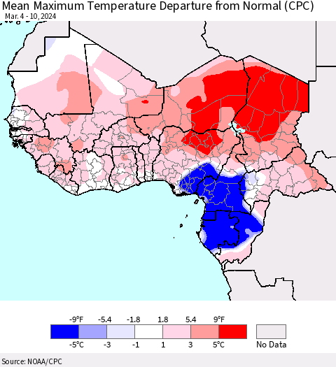 Western Africa Mean Maximum Temperature Departure from Normal (CPC) Thematic Map For 3/4/2024 - 3/10/2024
