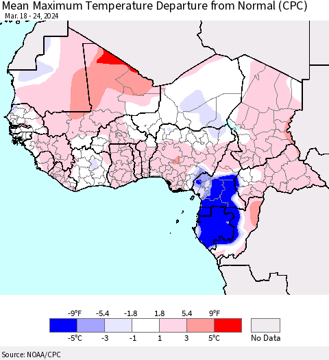 Western Africa Mean Maximum Temperature Departure from Normal (CPC) Thematic Map For 3/18/2024 - 3/24/2024