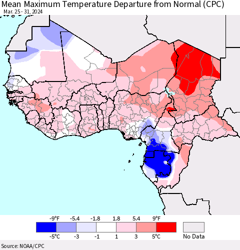 Western Africa Mean Maximum Temperature Departure from Normal (CPC) Thematic Map For 3/25/2024 - 3/31/2024
