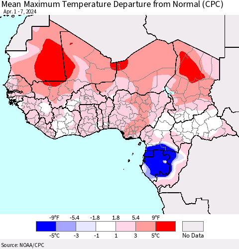 Western Africa Mean Maximum Temperature Departure from Normal (CPC) Thematic Map For 4/1/2024 - 4/7/2024