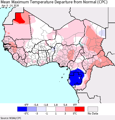 Western Africa Mean Maximum Temperature Departure from Normal (CPC) Thematic Map For 4/8/2024 - 4/14/2024