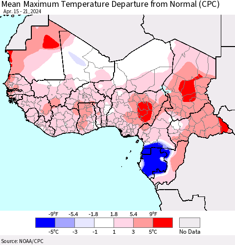 Western Africa Mean Maximum Temperature Departure from Normal (CPC) Thematic Map For 4/15/2024 - 4/21/2024