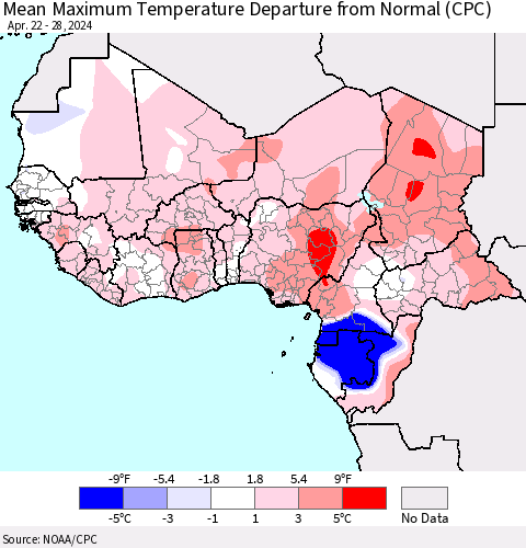 Western Africa Mean Maximum Temperature Departure from Normal (CPC) Thematic Map For 4/22/2024 - 4/28/2024