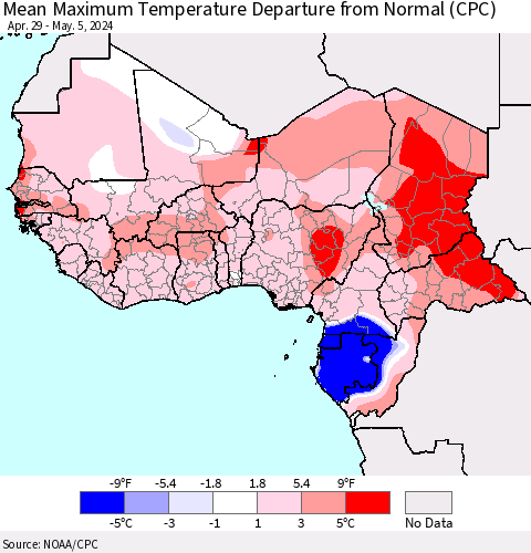 Western Africa Mean Maximum Temperature Departure from Normal (CPC) Thematic Map For 4/29/2024 - 5/5/2024