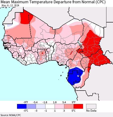 Western Africa Mean Maximum Temperature Departure from Normal (CPC) Thematic Map For 5/6/2024 - 5/12/2024