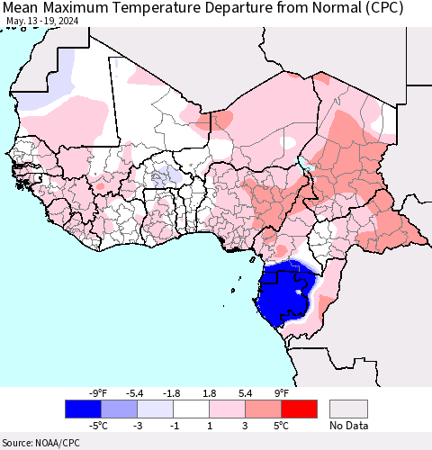 Western Africa Mean Maximum Temperature Departure from Normal (CPC) Thematic Map For 5/13/2024 - 5/19/2024