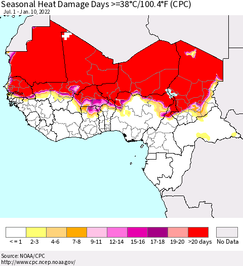 Western Africa Seasonal Heat Damage Days >=38°C/100°F (CPC) Thematic Map For 7/1/2021 - 1/10/2022
