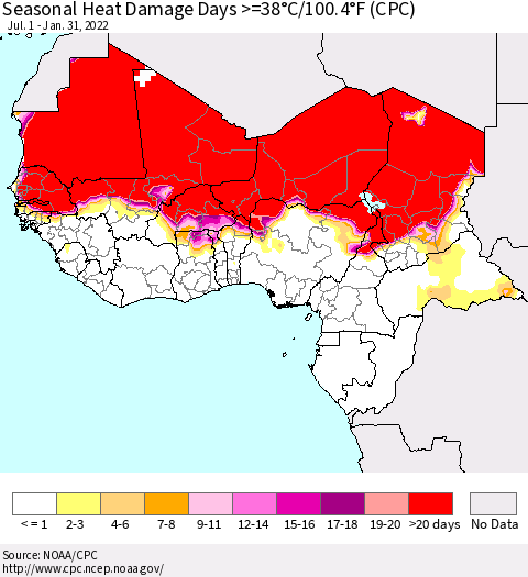 Western Africa Seasonal Heat Damage Days >=38°C/100°F (CPC) Thematic Map For 7/1/2021 - 1/31/2022