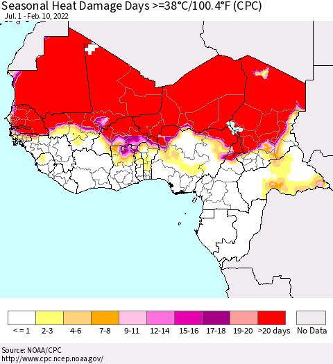 Western Africa Seasonal Heat Damage Days >=38°C/100°F (CPC) Thematic Map For 7/1/2021 - 2/10/2022
