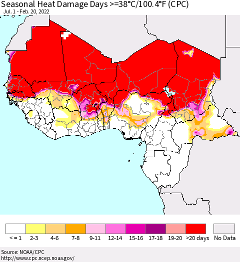 Western Africa Seasonal Heat Damage Days >=38°C/100°F (CPC) Thematic Map For 7/1/2021 - 2/20/2022
