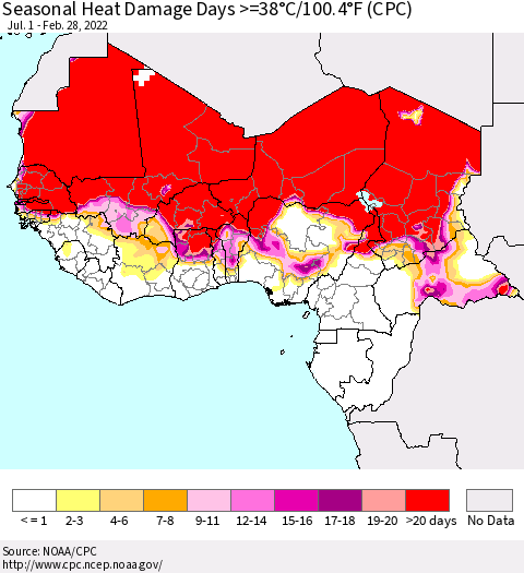 Western Africa Seasonal Heat Damage Days >=38°C/100°F (CPC) Thematic Map For 7/1/2021 - 2/28/2022