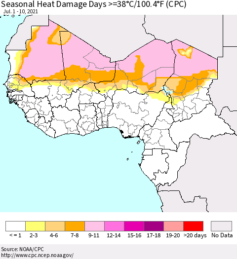 Western Africa Seasonal Heat Damage Days >=38°C/100°F (CPC) Thematic Map For 7/1/2021 - 7/10/2021